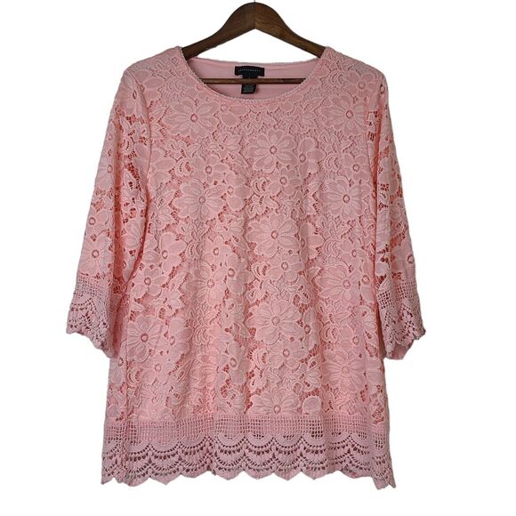 Investment Womens Size Large Floral Crochet Lace Overlay Peach Blouse 3/4 Sleeve - Picture 1 of 11